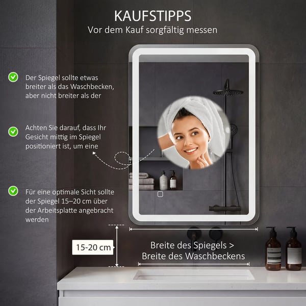 Badeværelsesspejl 50x70 cm LED med touch-kontakt og anti-dug, sølv/hærdet glas