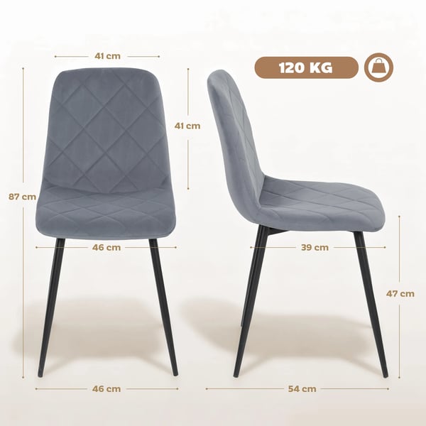 Matsalsstolar, Set med 4 köksstolar med ryggstöd, sammetslook, klädda stolar med metallben, för matbord, grå