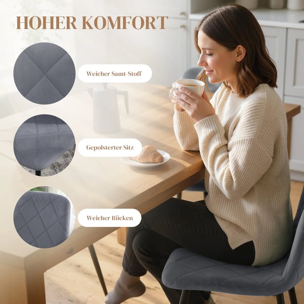 Matsalsstolar, Set med 4 köksstolar med ryggstöd, sammetslook, klädda stolar med metallben, för matbord, grå
