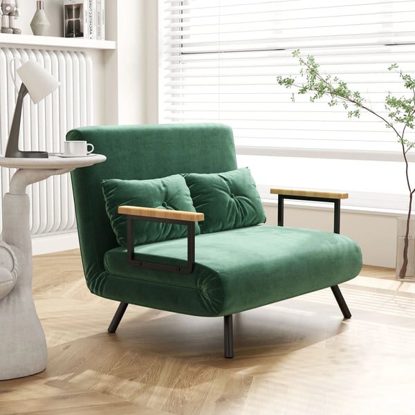Bäddsoffa 2-sits sammetssoffa, bäddfunktion, inkl. 2 kuddar, sammetslook, natur + grön