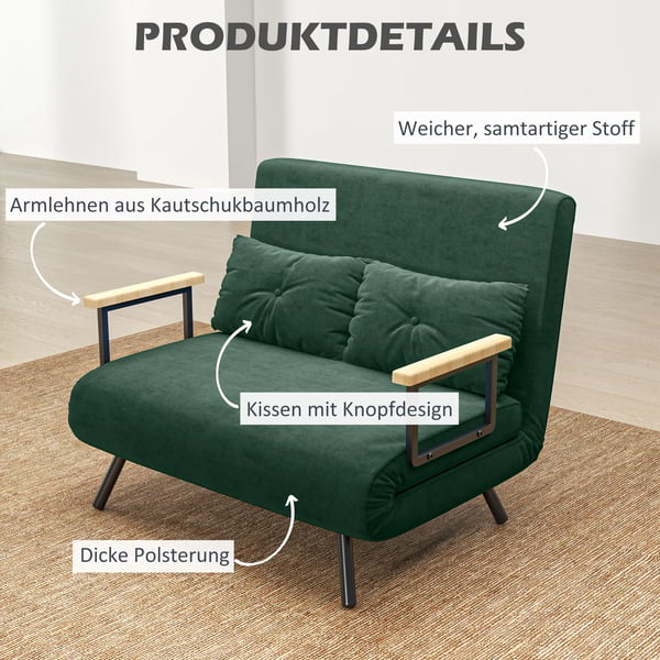 Bäddsoffa 2-sits sammetssoffa, bäddfunktion, inkl. 2 kuddar, sammetslook, natur + grön