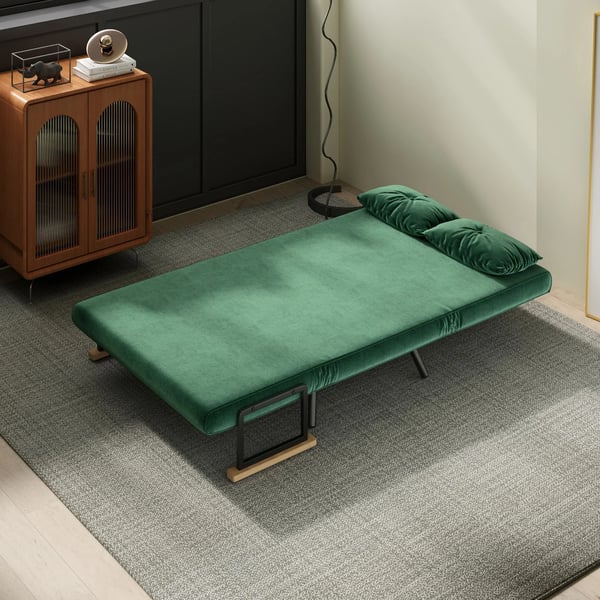 Bäddsoffa 2-sits sammetssoffa, bäddfunktion, inkl. 2 kuddar, sammetslook, natur + grön
