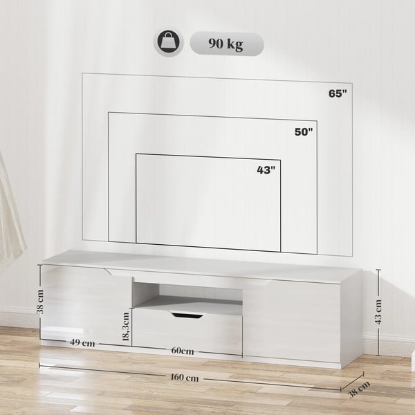 Lavt TV-skab med 2 Døre og Skuffe, 160 cm Hvidt TV-bord i MDF og Spånplade, Op til 65" Skærm