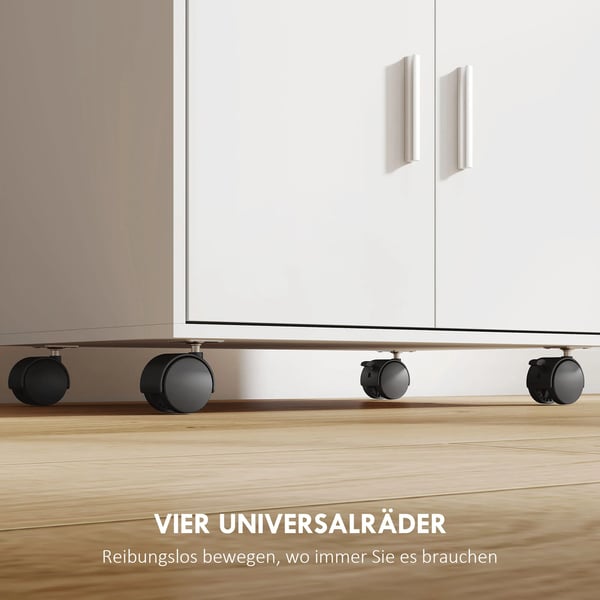 köksbänksskåp med mikrovågsugn, utdragbar hylla, dubbeldörrar, låda och hjul, vit träbaserad panel