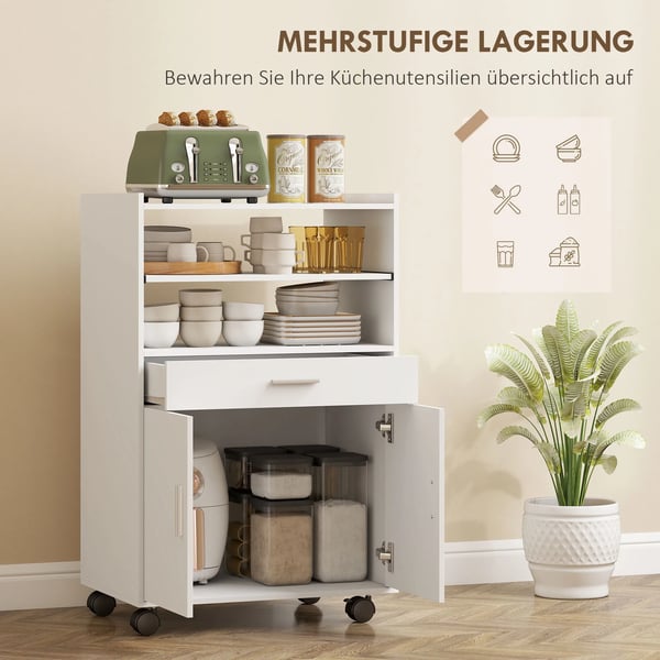 köksbänksskåp med mikrovågsugn, utdragbar hylla, dubbeldörrar, låda och hjul, vit träbaserad panel