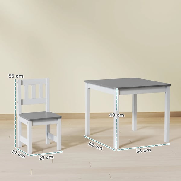 Børnebord med 2 stole, Børnegruppe i fyrretræ, Grå/Hvid, 56x52x48 cm