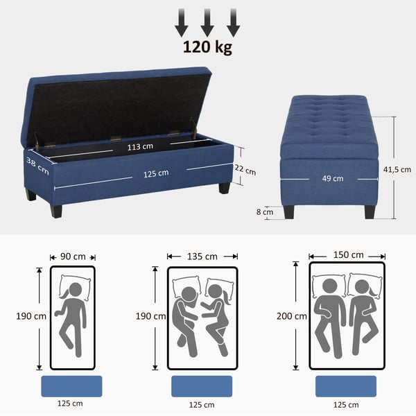 Opbevaringsbænk, Ottoman, Blå, Knap Quiltet, Polyester, 125x49x41,5 cm (L x B x H), opbevaring til entré/stue