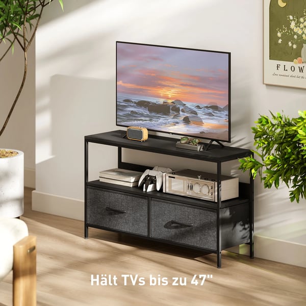 TV-møbel lavt møbel med 2 skuffer, åbent rum, til fjernsyn op til 47 tommer, 98 x 29 x 56 cm, Sort+Mørkegrå