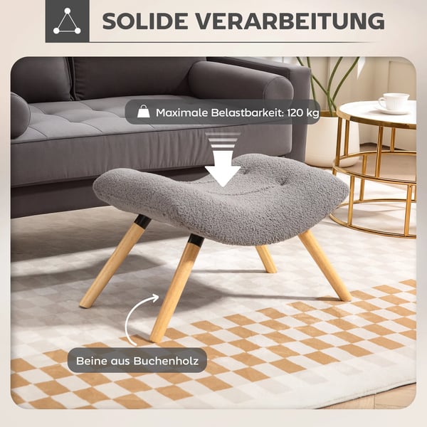 Siddepuf i Lysegrå Polyester, Puf til stue/soveværelse, 67 x 45 x 38 cm, op til 120 kg