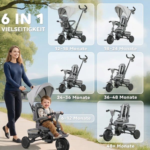 6-i-1 Børnetrehjulede cykel, Foldbar Klapvogn, Grå, Plastik