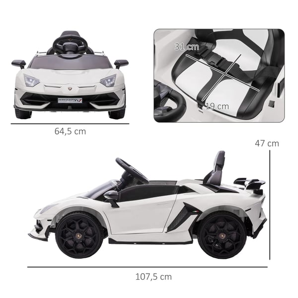 12V Børne Elbil Lamborghini Aventador SVJ Roadster, Hvid - Licenseret Elbil m. Fjernbetjening, MP3, Lys til 3-5 årige
