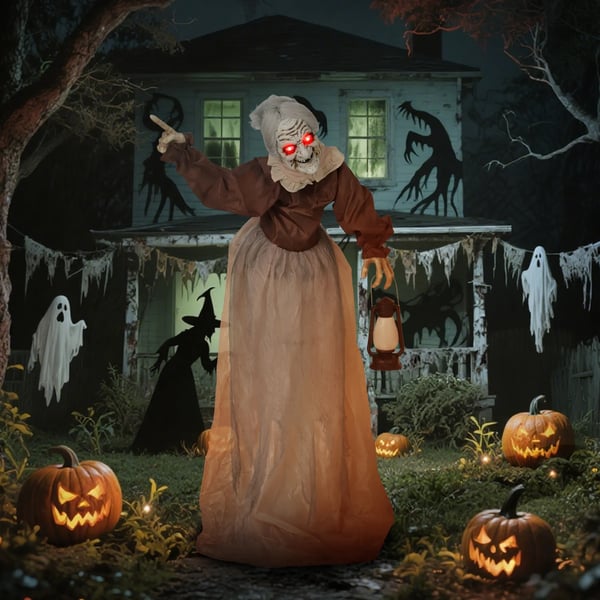 150 cm Halloween-koriste, Halloween-noita LED-valoilla, äänitoiminto, säädettävät kädet, pää