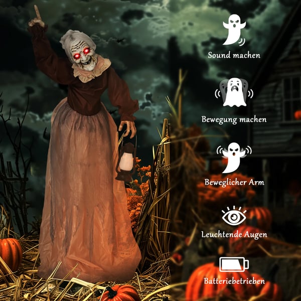 150 cm Halloween-koriste, Halloween-noita LED-valoilla, äänitoiminto, säädettävät kädet, pää
