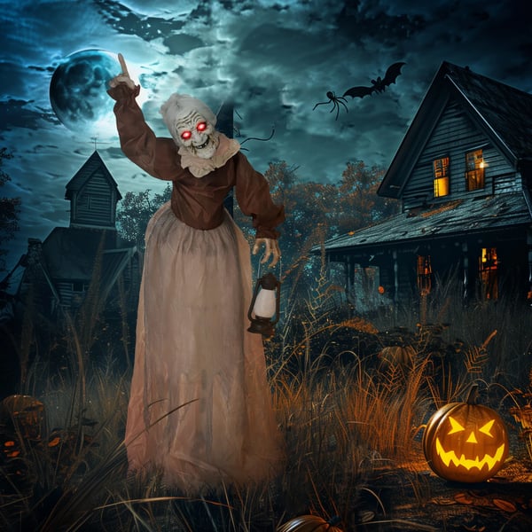 150 cm Halloween-koriste, Halloween-noita LED-valoilla, äänitoiminto, säädettävät kädet, pää