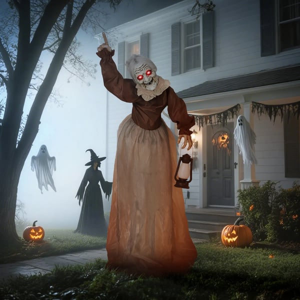 150 cm Halloween-koriste, Halloween-noita LED-valoilla, äänitoiminto, säädettävät kädet, pää