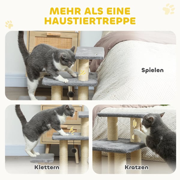 3-trins Hundetrappe til Små Hunde og Katte, Grå, med Sisal Kradsetræer og Legetøjsbold