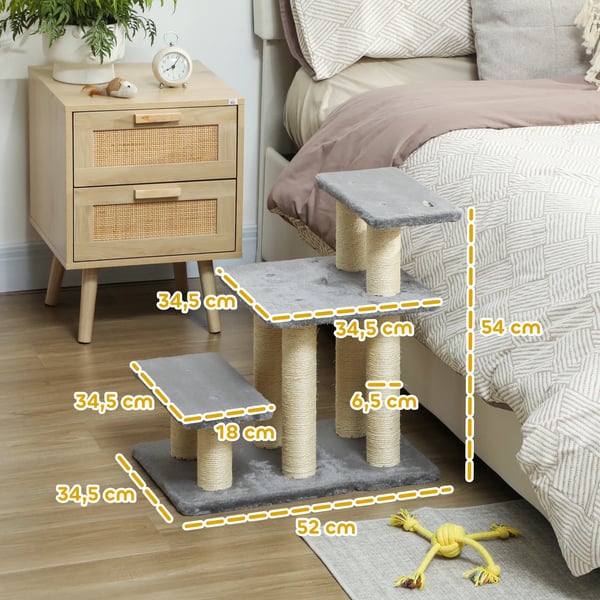 3-trins Hundetrappe til Små Hunde og Katte, Grå, med Sisal Kradsetræer og Legetøjsbold