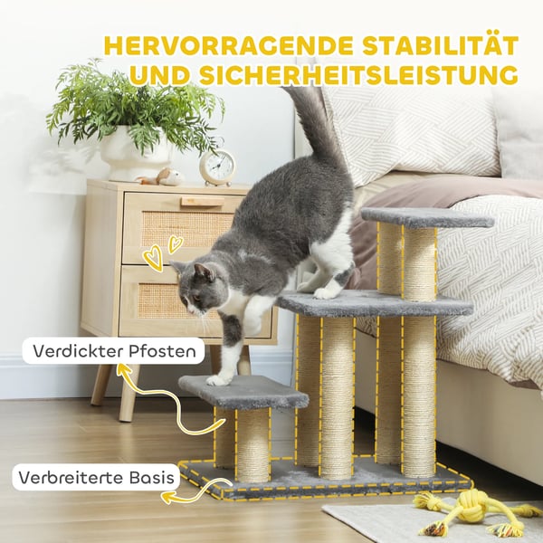 3-trins Hundetrappe til Små Hunde og Katte, Grå, med Sisal Kradsetræer og Legetøjsbold