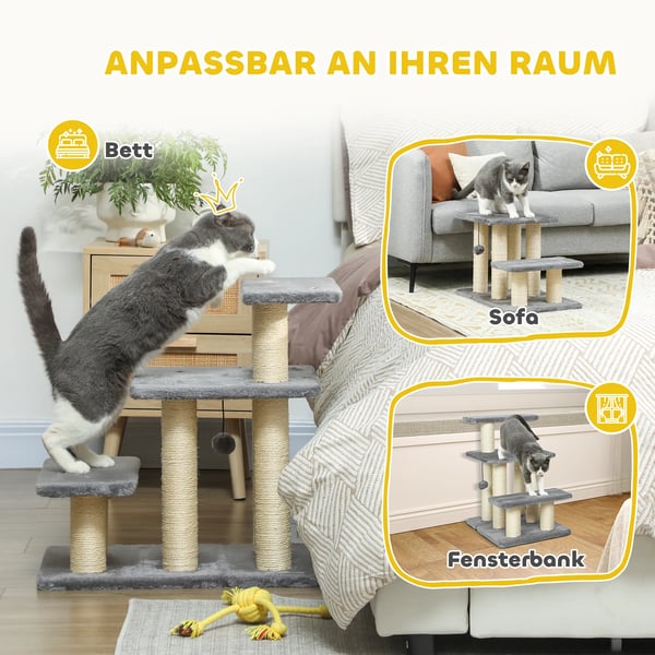 3-trins Hundetrappe til Små Hunde og Katte, Grå, med Sisal Kradsetræer og Legetøjsbold