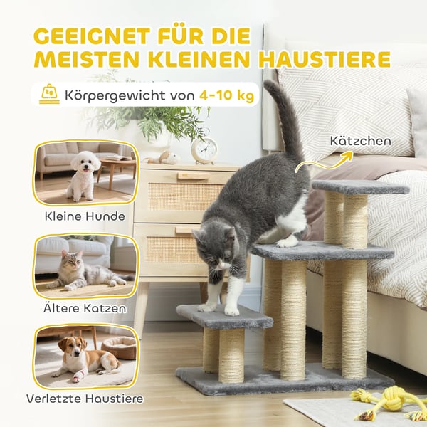 3-trins Hundetrappe til Små Hunde og Katte, Grå, med Sisal Kradsetræer og Legetøjsbold
