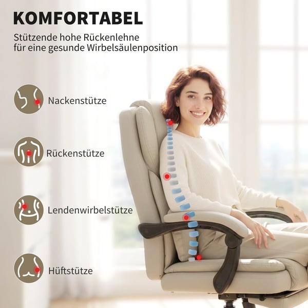 Kontorstol med fodstøtte, justerbart ryglæn, kunstlæder, beige