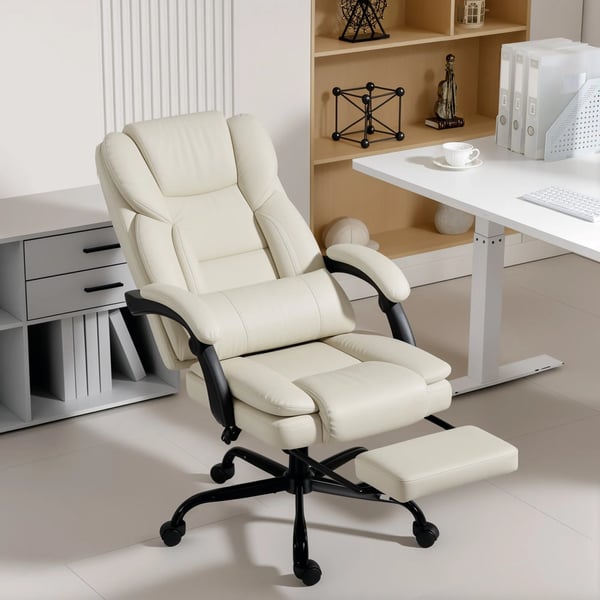 Kontorstol med fodstøtte, justerbart ryglæn, kunstlæder, beige