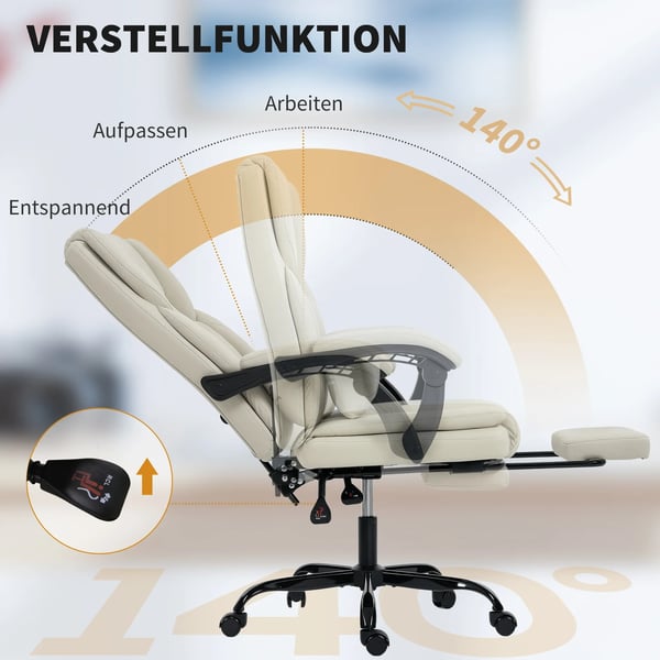 Kontorstol med fodstøtte, justerbart ryglæn, kunstlæder, beige