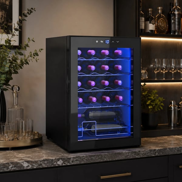 Vinkyl 20 flaskor, 53L Dryckeskyl med Kompressor och Anti-UV-glasdörr, LED, Pekskärm, Svart, Metall