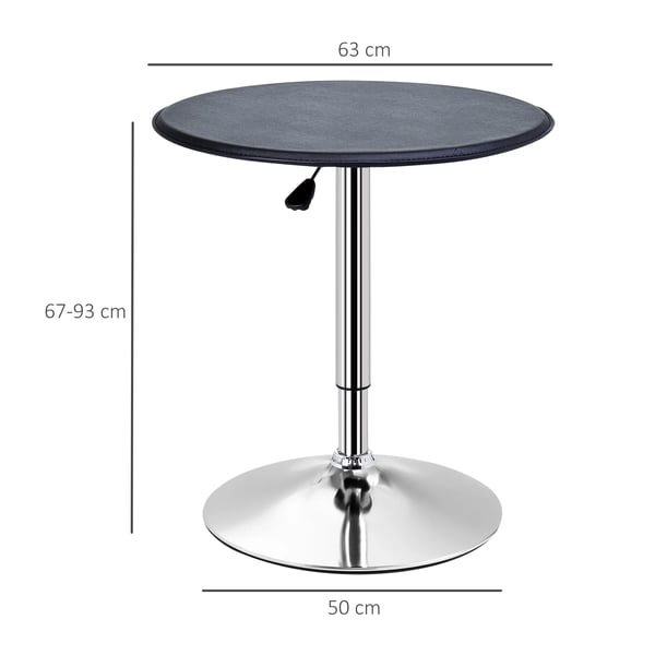 Baaripöytä, säädettävä korkeus 67-93 cm, pyöreä puinen levy keinonahkaverhoilulla, kromiteräsjalusta, musta Ø63 x 67-93 cm