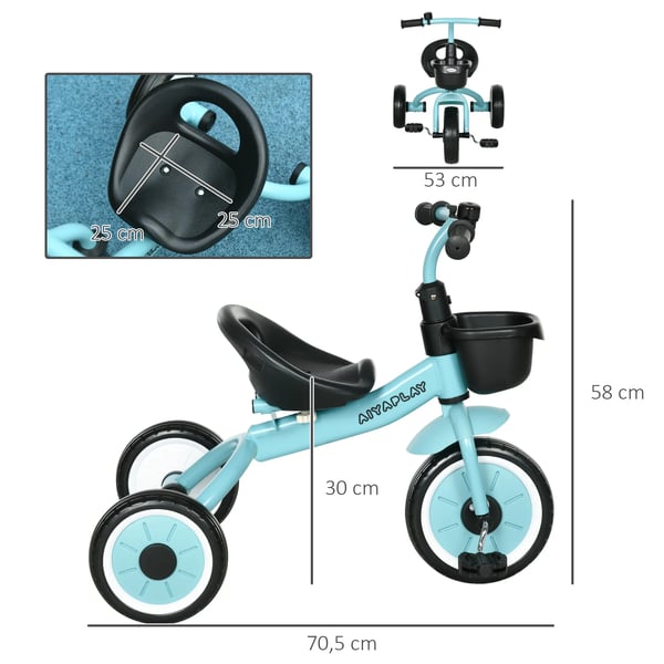 Blå Trehjulet Løbecykel til Børn 2-5 år, Justerbar Sædehøjde, Med Kurv & Ringeklokke, Solid Konstruktion af Metal/EVA/Plastik/PE