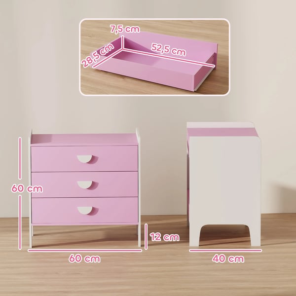 Barnbyr'å med 3 lådor, MDF, Vit/Rosa