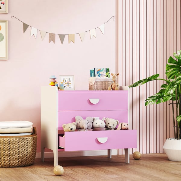 Barnbyr'å med 3 lådor, MDF, Vit/Rosa