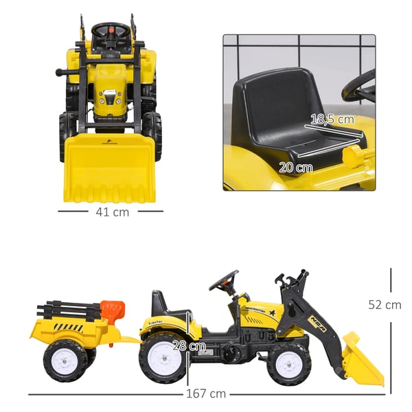 pedaltraktor med anhænger, pedalkøretøj med skovl, børnetraktor til børn fra 3 år, gul