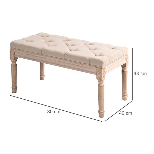 Vintage polsterbank, beige, polyester, gummiträ, 80x40x43cm, max 120kg