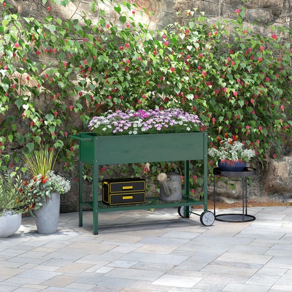 højbed med hjul, urtebed hylde plante-krukke metal til have, altan grøn 109 x 44 x 80 cm