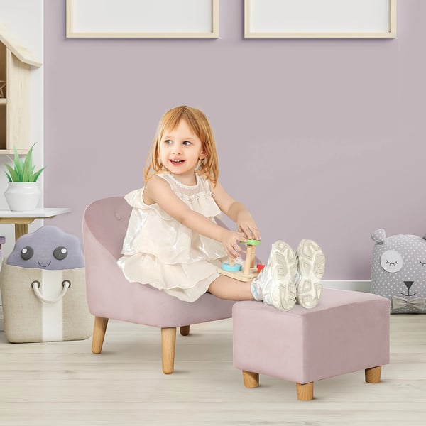 børnestol med fodskammel - Hyggelig sofa til børn fra 3 år, fløjlslook, eukalyptustræ, rosa, 51x51x50 cm