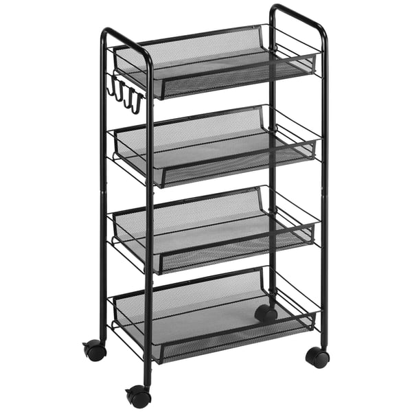 Mobil Serveringsvogn, Rullevogn med 4 hylder og kroge, Sort stål, 45x26.5x84 cm