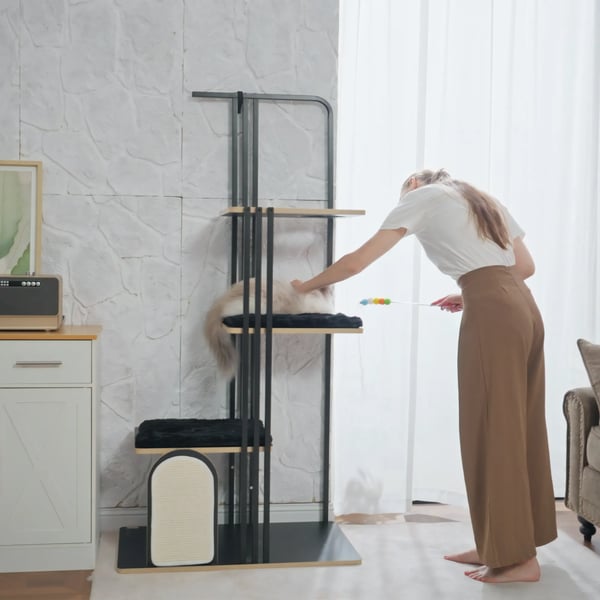 klösträd 170 cm, stort klösträd med kudde, klösbräda, 3 plattformar, kattmöbler i stål, svart