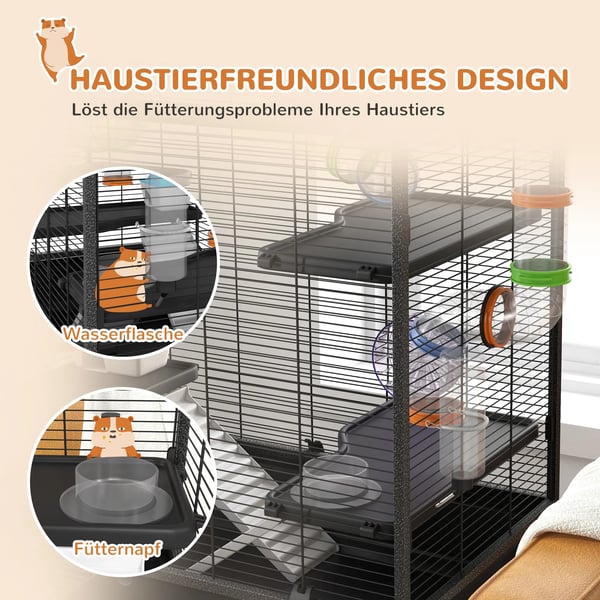 Hamsterbur med hjul, rör, hylla, ramper, matskål, vattenflaska - Svart Stål