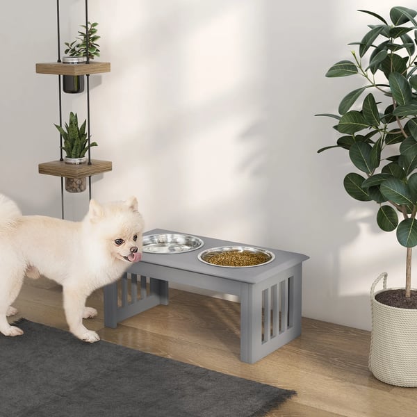 Hundmatsstation i Rostfritt Stål med 2 Skålar, Förhöjd Design, Grå, 58,4 x 30,5 x 25,4 cm