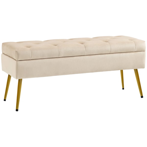 Opbevaringsbænk med Låg - Polstret Sengebænk i Beige Fløjl (Polyester) - 102x35x43 cm