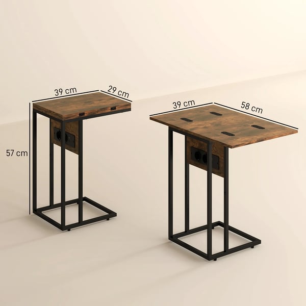 Klapbart sidebord med USB-opladning, C-form, Rustik Brun/Sort Metal, Trækomposit, 39x29x57 cm