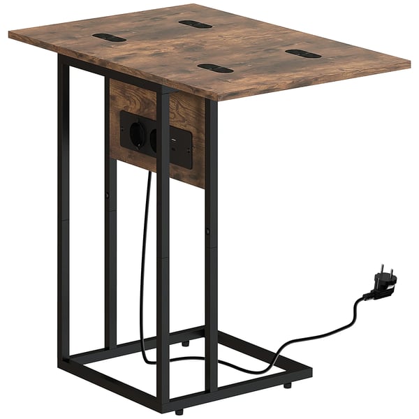 Taitettava sivupöytä C-muotoinen, ladattava USB-porteilla, metalli/puukuitulevy, 39x29x57 cm, rustiikinruskea