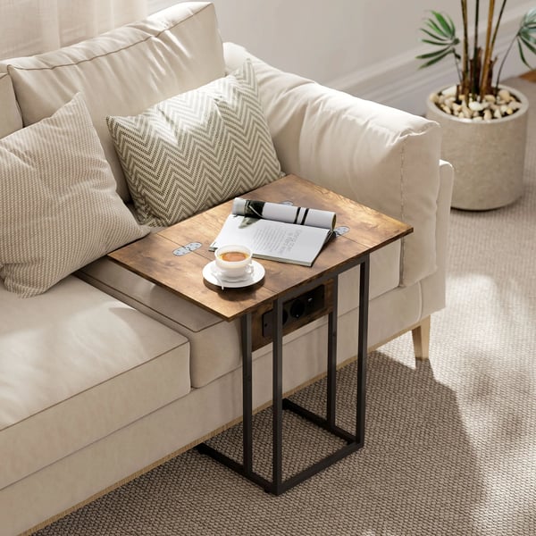 Klapbart sidebord med USB-opladning, C-form, Rustik Brun/Sort Metal, Trækomposit, 39x29x57 cm