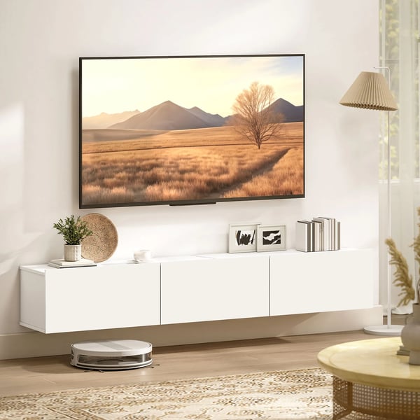 Svævende TV-skab, vægmontering, 3 skuffer, masser af opbevaringsplads, 180 cm, spånplade, hvid