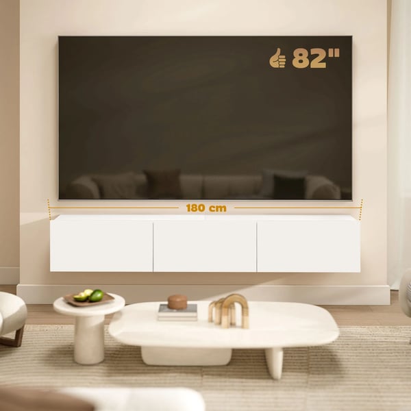 Svævende TV-skab, vægmontering, 3 skuffer, masser af opbevaringsplads, 180 cm, spånplade, hvid