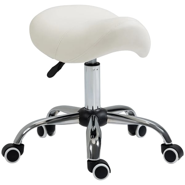 rulleskammel, drejestol, højdejusterbar, sadelstol, arbejdsskammel, polstret, hvid