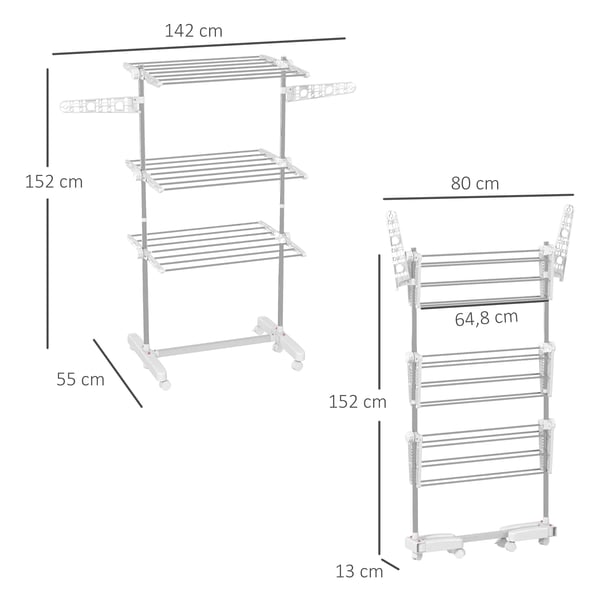 Rullbar Klädställning Torkställning 3 Nivåer Hopfällbar 80-142 x 55 x 152 cm Vit Rostfritt Stål