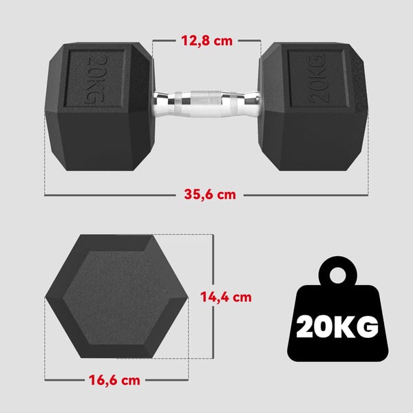 Seks-kantet Håndvægt, 20 KG, Sort Metal med Gummi-belægning - Perfekt til Træning Hjemme og i Fitnesscentret
