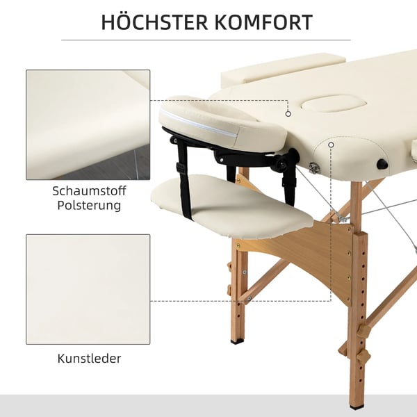 hopfällbar massagebänk i bokträ konstläder, justerbar höjd, 185x60x61-87cm, krämvit
